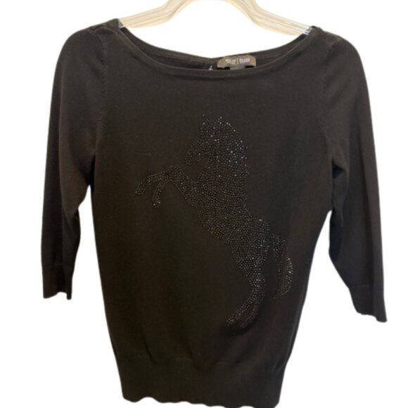 White House Black Market Black Sweater XS Embellished Equestrian Inspired Detail - Picture 1 of 6